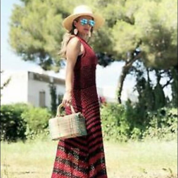 Zara  Studio Red Black Linen Maxi Long Knit Crochet Dress Sz M - Picture 2 of 16
